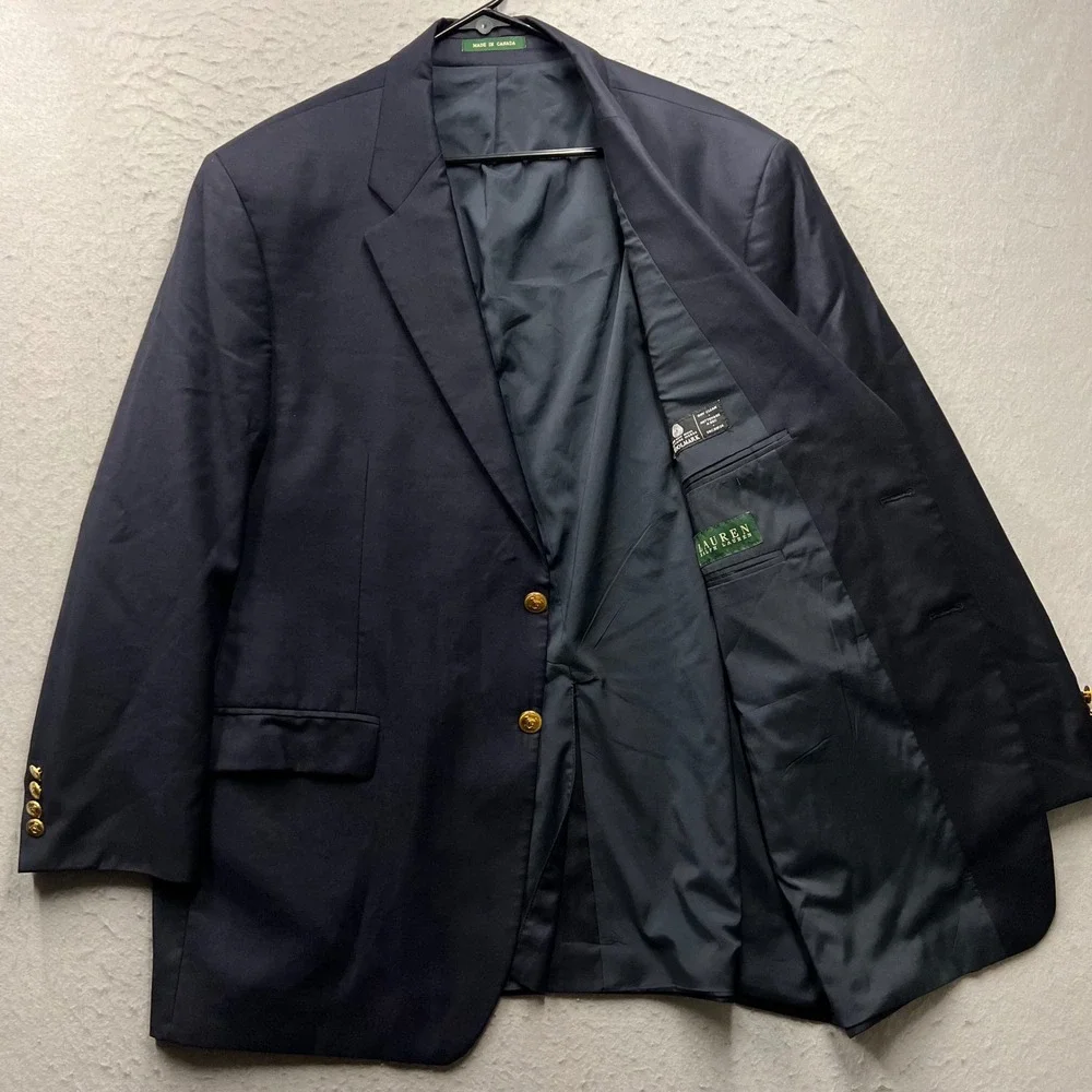 Lauren Ralph Lauren Mens 48R Navy Blue Wool Blazer Sport Coat Gold Crest Buttons